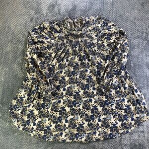 Free People Flowers In Her Hair Blue White Floral Smocked Tunic Top Cottage | XS